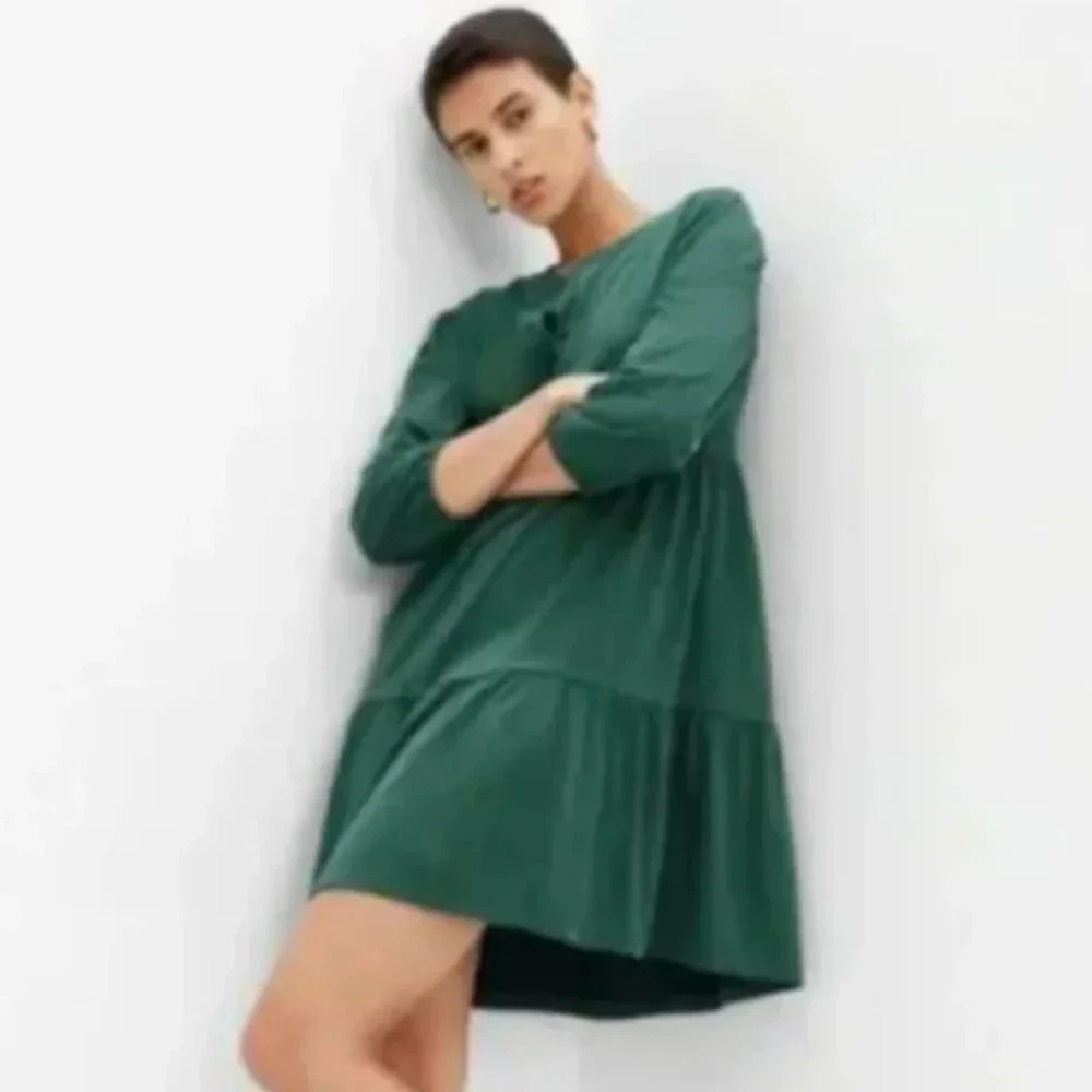 GAP Button Neck Peasant Tiered A-Line Dress 3/4 Sleeves Green Size Large